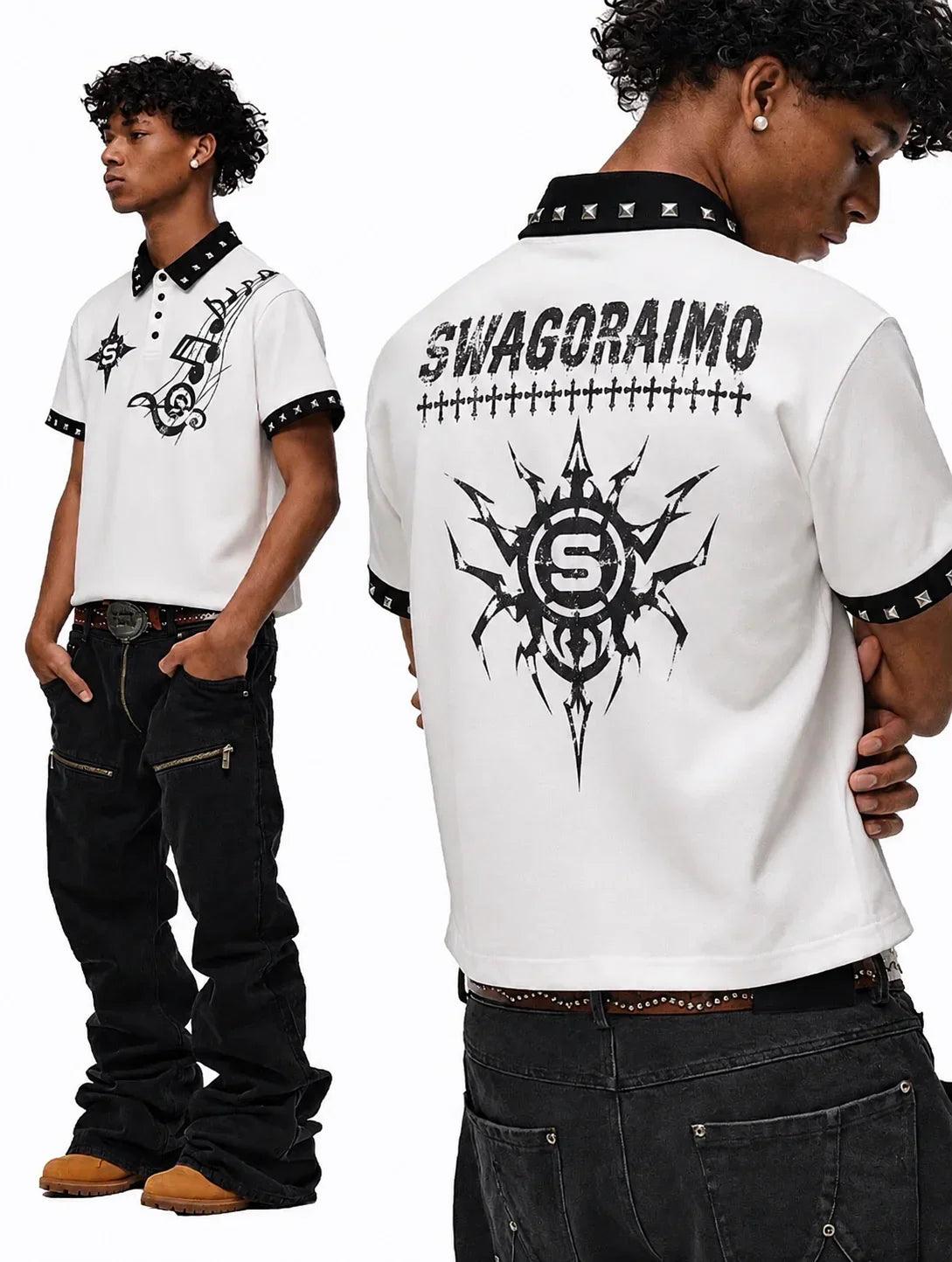 SWAGORAIMO™ STUDDED GRAPHIC POLO.