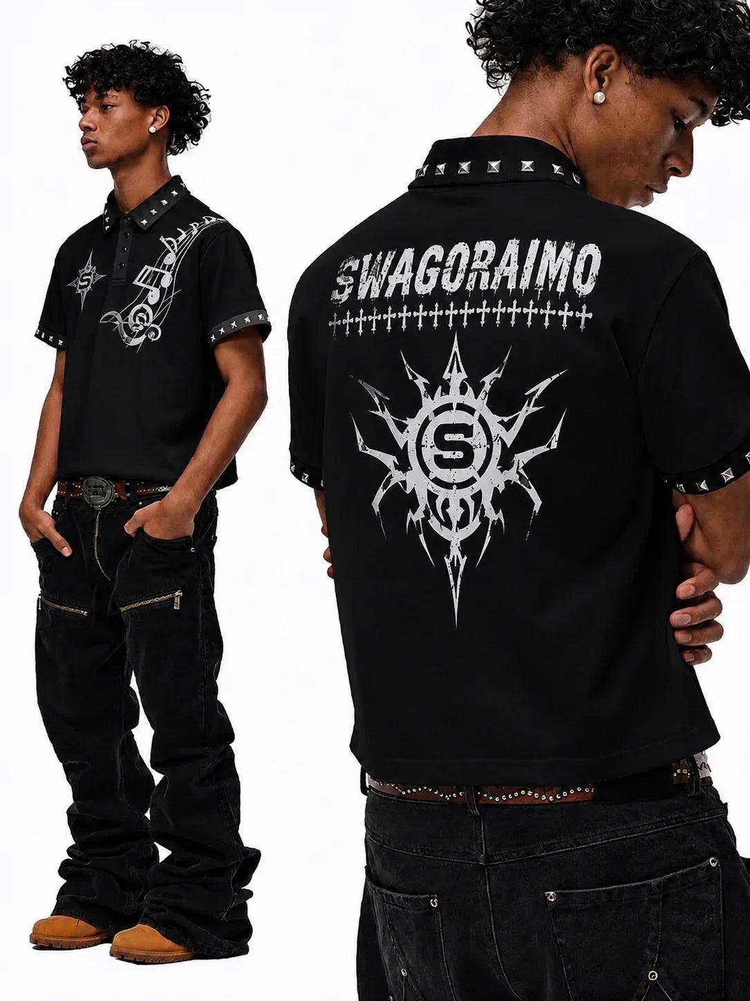 SWAGORAIMO™ STUDDED GRAPHIC POLO.