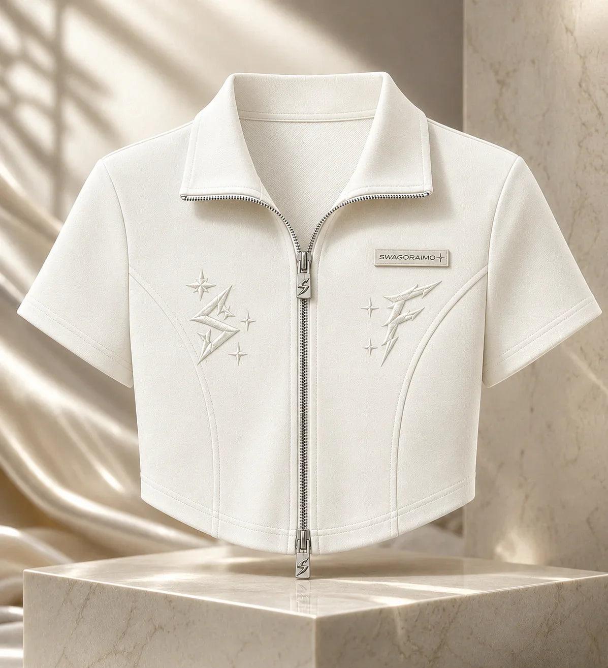 SWAGORAIMO™ Luxury Zip Crop Top – Heavyweight Fabric & Embroidery.